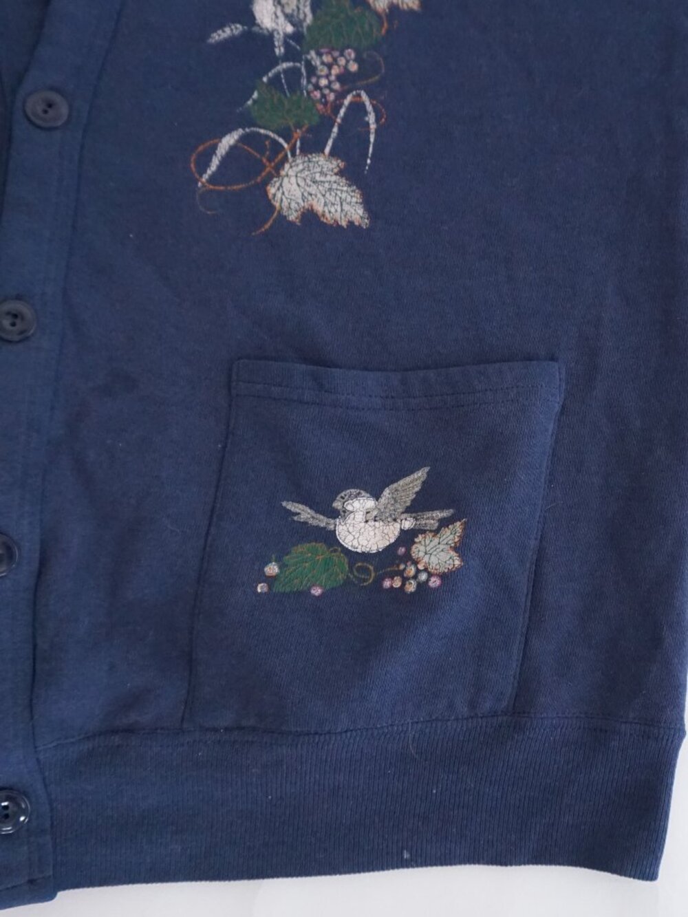 Vintage Jerzees Navy Bird Floral Embroidered Cottagecore Button Cardigan OSFM - Picture 5 of 9
